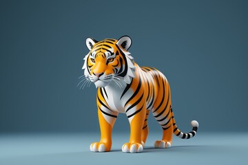 realistic tiger standing on a plain surface with a blue background