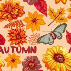 Seamless pattern of isolated illustrations on the theme of autumn holidays, harvest. Digital illustration in autumn colors in a modern style on a colored background for scrapbooking, wrapping paper