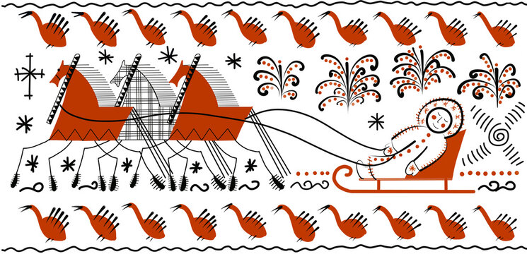 Folk art. Decorative illustration of the Mezen painting with horses and a man in a sleigh