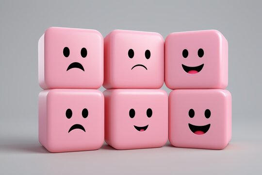 arafed pink cubes with faces and eyes with a sad face