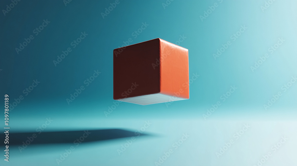 Poster Floating orange cube against a soft blue background with shadow cast on surface