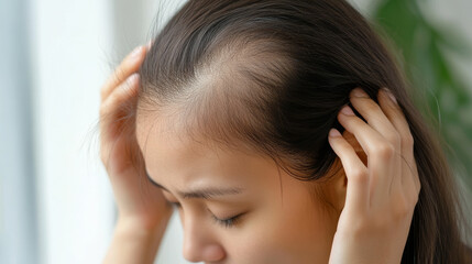 Fototapeta premium A young Asian woman is worried about hair loss. She sees thinning hair and a receding hairline in the mirror. She's concerned about her hair health and wants to find ways to improve it.
