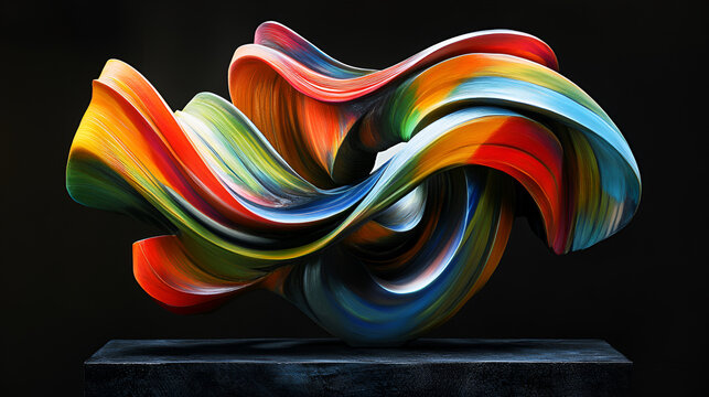  a dynamic sculpture of flowing, ribbon-like forms painted in vibrant shades of orange, blue, pink, and purple, Set against a dark background, the artwork exudes movement and energy, resembling a wave