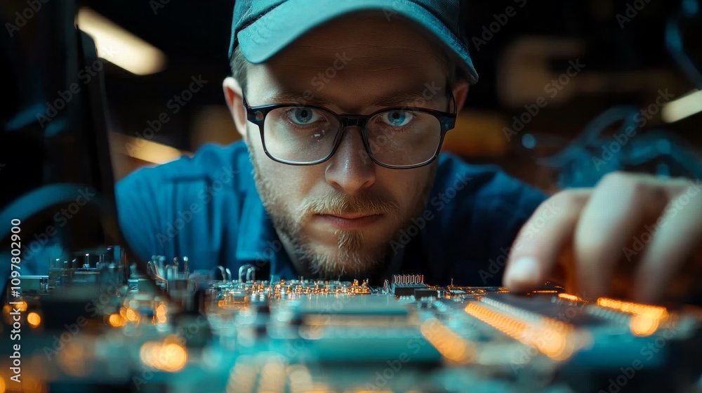 Poster a man with glasses is looking at a computer chip