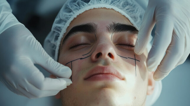 Before nose surgery, the doctor is marking the nose to plan how to reshape it.  Rhinoplasty is surgery to change the nose's look and make breathing easier.