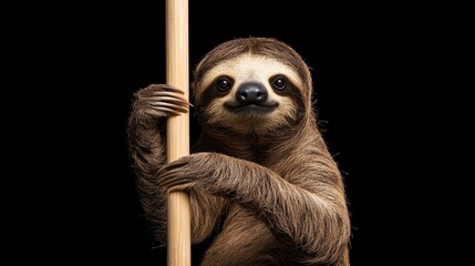 Fototapeta premium Playful Sloth Gripping a Stick Against a Black Background