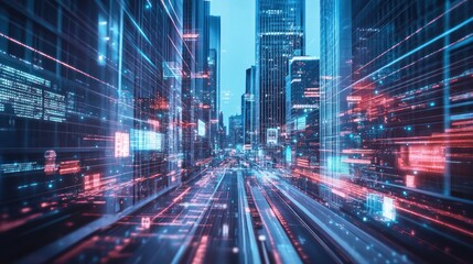 Fototapeta premium Futuristic cityscape with digital elements and motion blur, suggesting speed and technology.