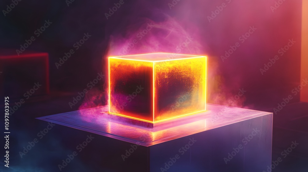Poster a vibrant glowing cube emanates colorful lights and mist, creating a captivating visual effect. perf