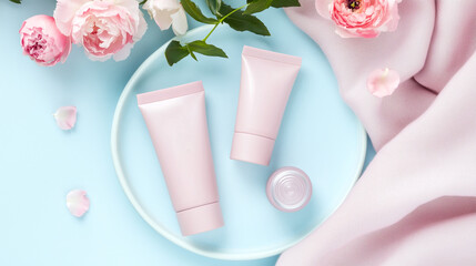 Elegant flat lay of pore care products with fresh flowers and soft fabrics