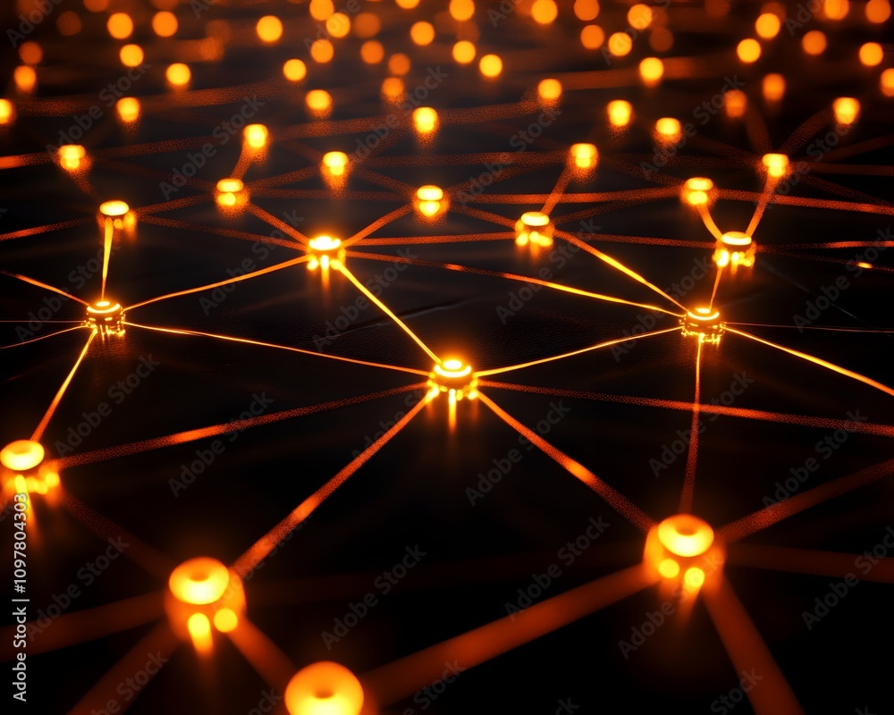 Poster an abstract representation of a network, illuminated by glowing nodes connected through intricate li