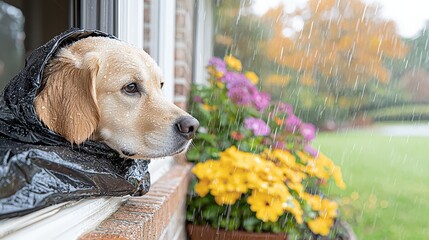 Golden Retriever in Raincoat Watching Rain  Autumn Flowers