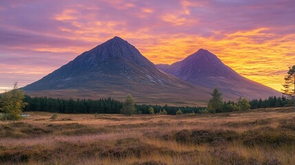 Fototapeta premium Vibrant sunset over two majestic peaks and a tranquil valley.