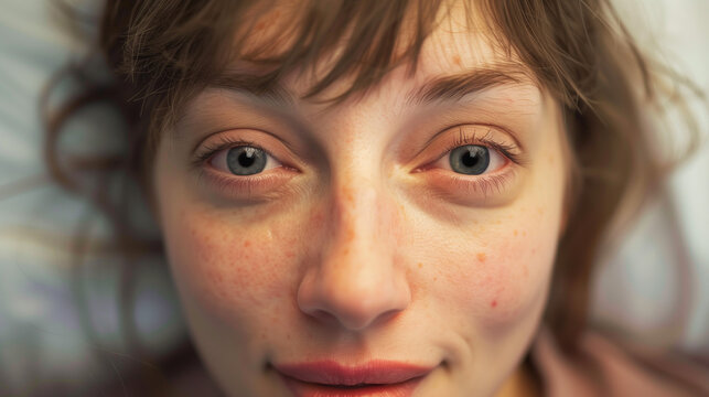 Smiling woman in bed with dilated pupils, influenced by drug.