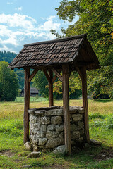 Old water well with a rustic wooden roof near a farmhouse