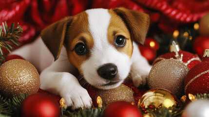 dog lying at home on christmas, cute dog, christams decoration