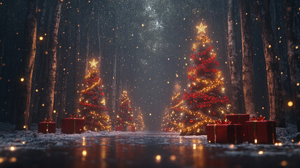 christmas tree and lights, christmas scene, winter season, red gift box, christams forest