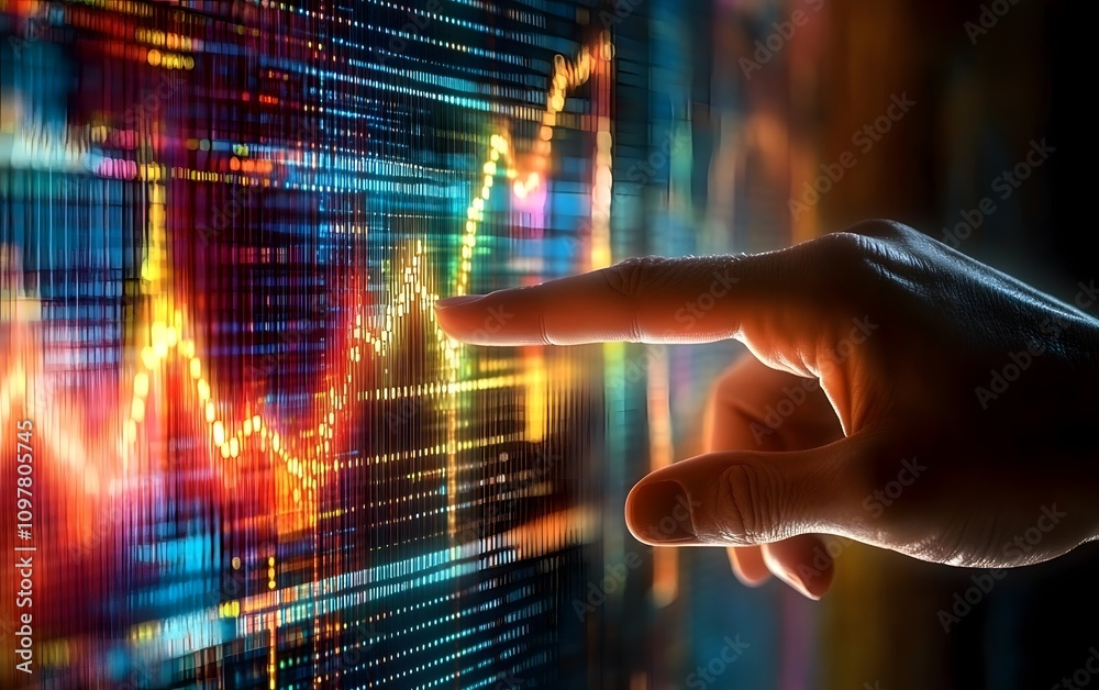 Poster a close-up view of a hand pointing towards a colorful digital graph, symbolizing data analysis and f