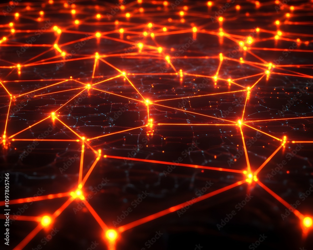 Poster a close-up view of interconnected nodes and glowing lines forming a dynamic network. this abstract r