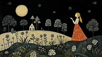 Whimsical girl in vintage dress surrounded by clouds and flowers on a dark background