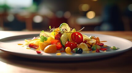 Gourmet Salad with Fresh Vegetables and Fruits on a White Plate