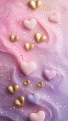 A soft gradient of pink to lavender with scattered hearts and golden sparkles, leaving a central space clear for product placement.