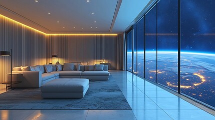 Luxurious Modern Apartment Interior with Breathtaking Cityscape View at Nightfall