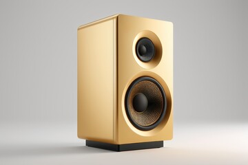 a close up of a gold speaker on a white surface