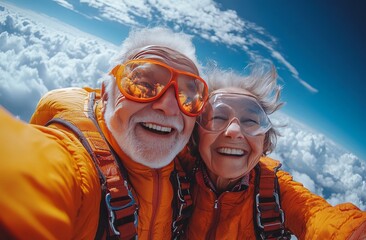 elderly couple skydiving with joy, capturing adventurous spirit and thrill of outdoor activities in later years