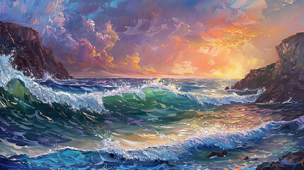 An acrylic seascape capturing the beauty of crashing waves against rocky cliffs under a colorful sunset sky.