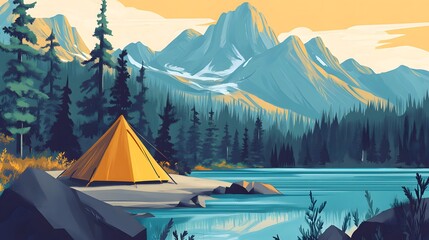 Serene mountain lake campsite with yellow tent.