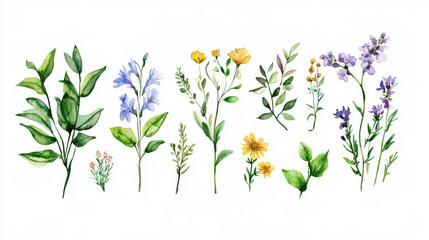 Fototapeta premium Beautiful watercolor drawings of wildflowers and leaves. Perfect for making invitations, menus, or greeting cards for baby showers, weddings, or birthdays.