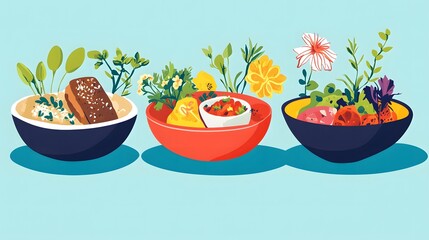 Three bowls of healthy meals with edible flowers and fresh herbs.