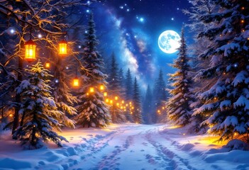 Obraz premium Fairy forest covered with snow in a moon light. Milky way in a starry sky. Christmas and New Year winter night.