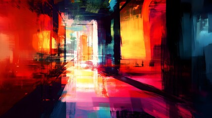 Abstract Painting of a Corridor with Bright Colors and Brushstrokes