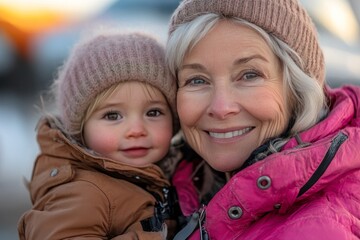 Obraz premium Smiling grandmother and toddler bundled up in cozy winter clothing, capturing a heartwarming moment of family connection in a snowy outdoor setting, perfect for family-oriented, holiday