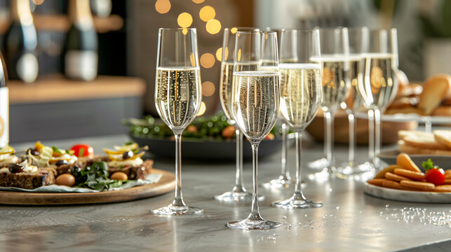 A festive table set with glasses of sparkling wine, accompanied by canap�s and antipasti, creating a delightful atmosphere at a reception.