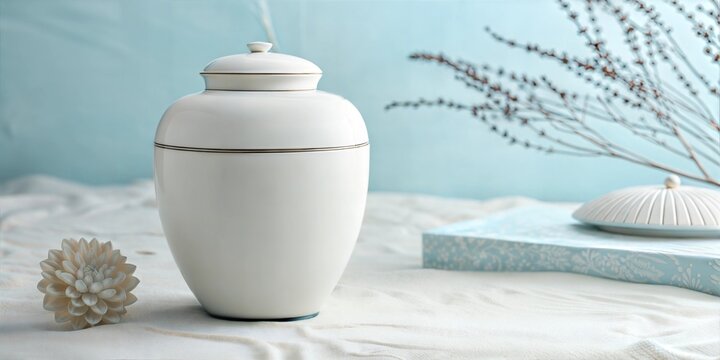 Minimalist white porcelain funerary urn on soft blue background with artificial snow