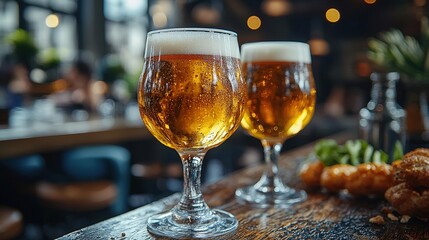 Naklejka premium Two Glasses of Cold Beer on Pub Bar Golden Ale Refreshing Drinks