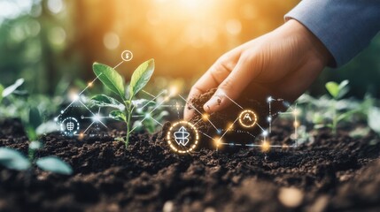 Fototapeta premium Hand Planting Seed in Soil with Growth Symbols