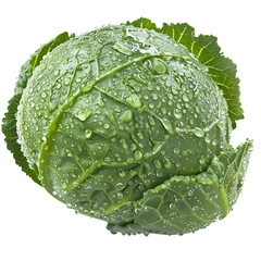 Fototapeta premium Fresh Green Cabbage with Water Droplets on Leafy Surface Isolated on a Transparent Background