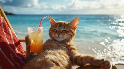 Orange Cat Relaxing on Beach with a Drink