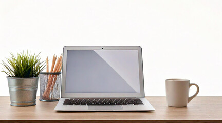 Fototapeta premium A minimalist office desk with a laptop and coffee mug, isolated on white