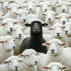 A black sheep standing out in the middle of white sheep