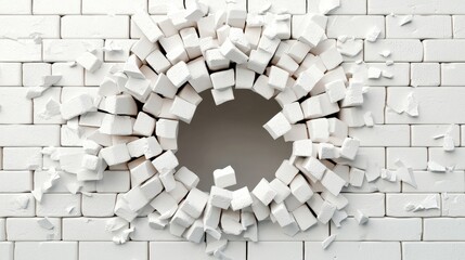 Exploded White Brick Wall Hole  Destruction  Break  3D Render  Background  Texture  Abstra