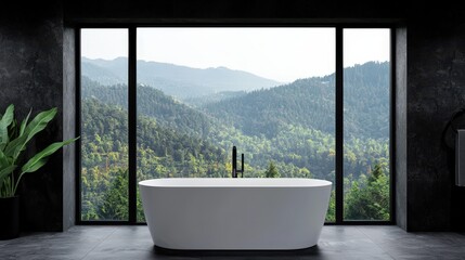 Fototapeta premium Modern Bathroom Design Freestanding Tub Mountain View Luxury Interior