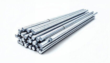 A bundle of metal reinforcing bars (rebar) tied together, showcasing their textured surface.