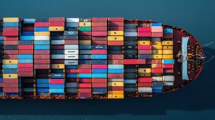 Top View of Container Ship Loaded with Colorful Cargo in Open Water