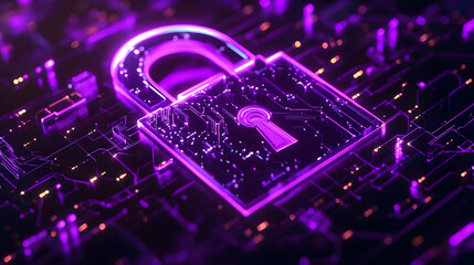 Fototapeta premium A glowing purple lock with a sleek modern design on a futuristic background, symbolizing digital safety.