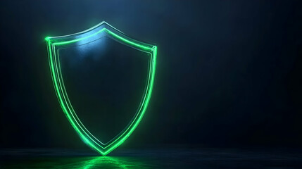 A glowing green shield on a dark background, symbolizing futuristic protection and innovation.