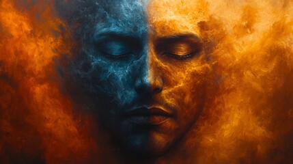 Obraz premium Dramatic Digital Portrait of Enigmatic Ethereal Face in Fiery Atmosphere